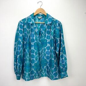 Ellite Thai Silk VTG Womens Blue Medallion Button Up Top Blouse XL Colorful Boho